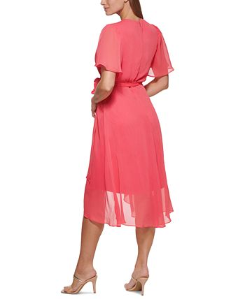 DKNY Women's Flutter Sleeve Faux Wrap Dress Pink Size 2