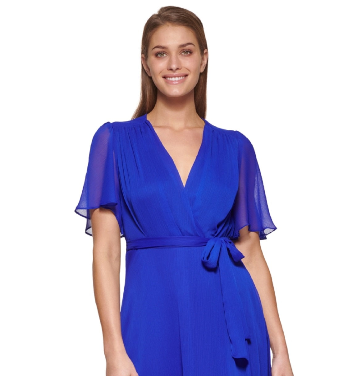 DKNY Women's Flutter Sleeve Faux Wrap Dress Blue Size 16