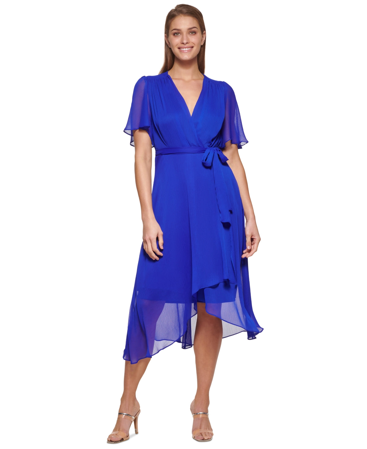 DKNY Women's Flutter Sleeve Faux Wrap Dress Blue Size 16