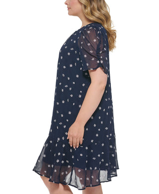 DKNY Women's Embroidered Calf Midi Dress Blue Size 22W