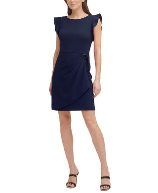 DKNY Women's Flutter Sleeve Sarong Sheath Dress Blue Size 10Petite