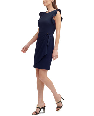 DKNY Women's Flutter Sleeve Sarong Sheath Dress Blue Size 10Petite