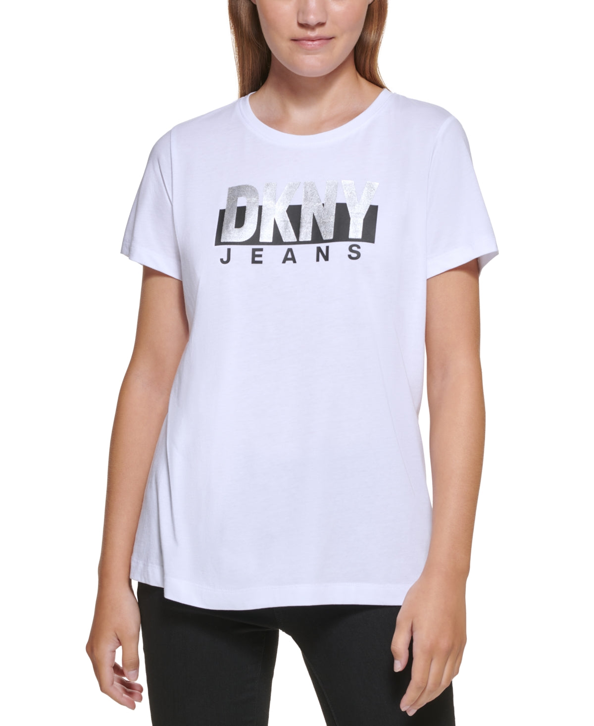 DKNY Women's Metallic Logo T-Shirt White Size XX-Small