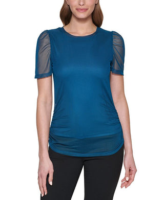 DKNY Women's Ruched Sheer Sleeve Top Blue Size Petite Medium
