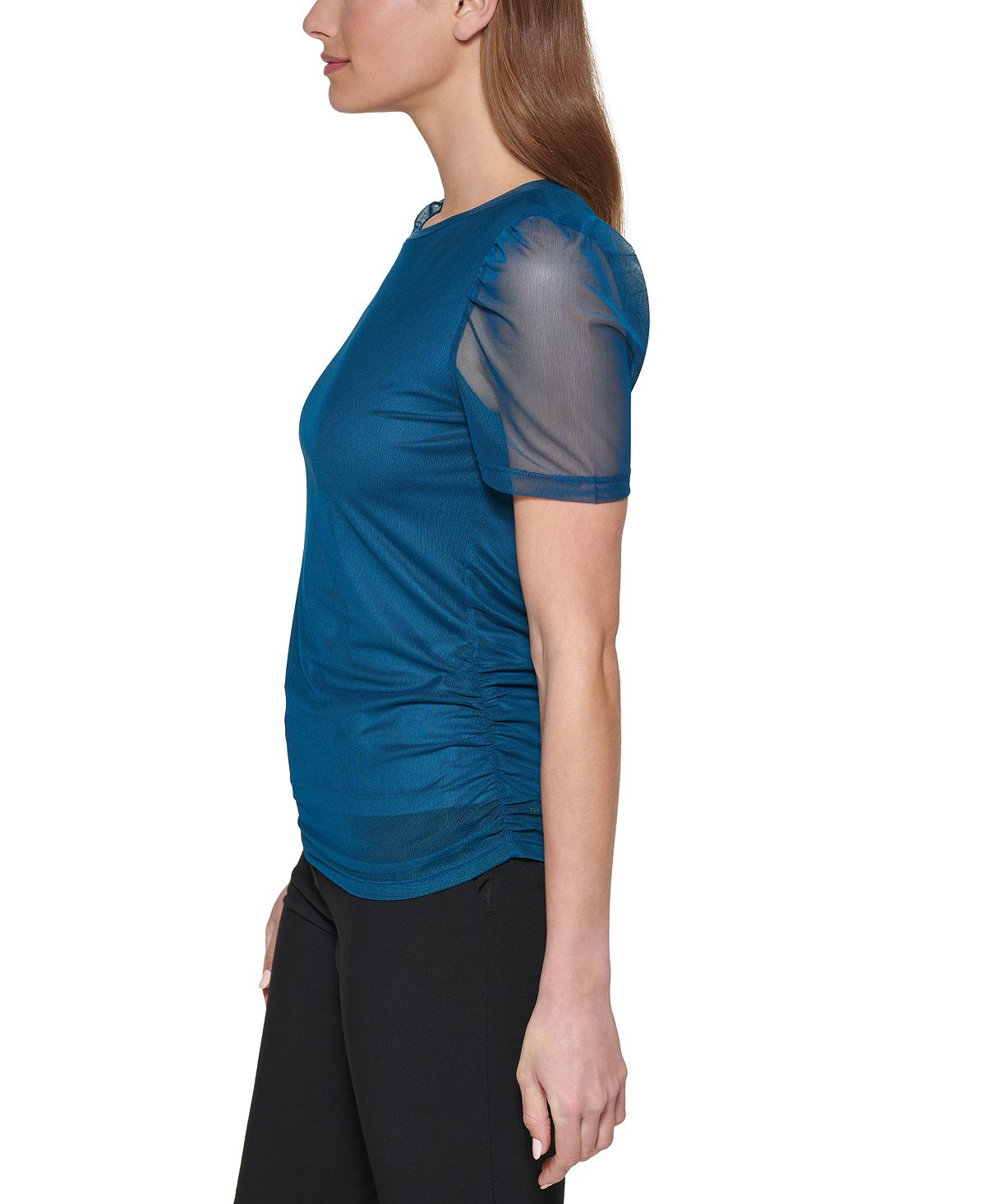 DKNY Women's Ruched Sheer Sleeve Top Blue Size Petite Medium