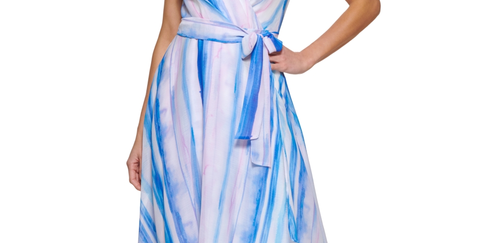 DKNY Women's Printed Faux Wrap Tiered Midi Dress Blue Size 16