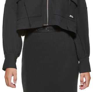 DKNY Women's Cropped Rib Knit Hoodie Black Size X-Small