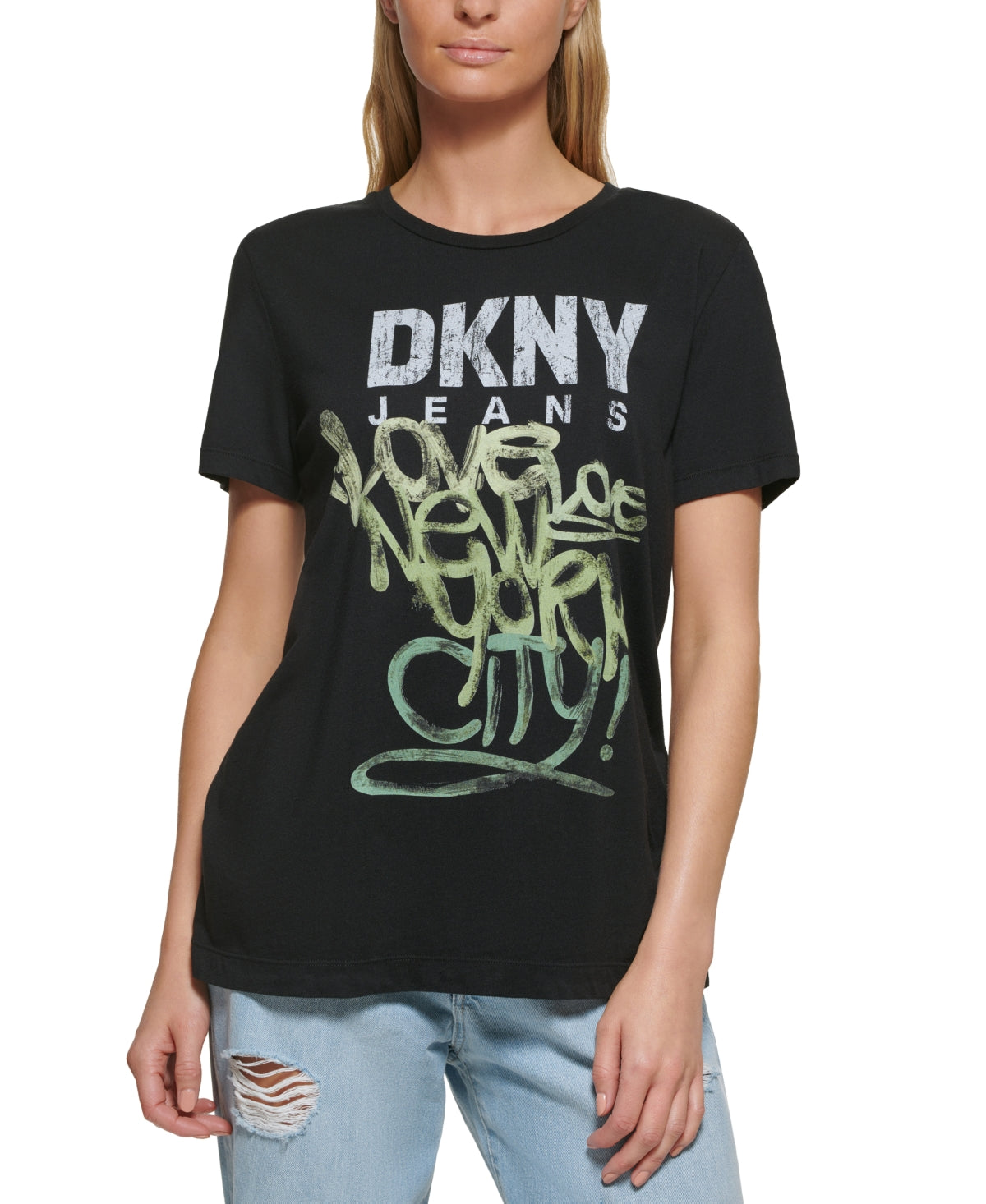 DKNY Women's Graffiti Logo T-Shirt Black Size Large