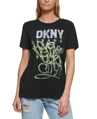 DKNY Women's Graffiti Logo T-Shirt Black Size Large
