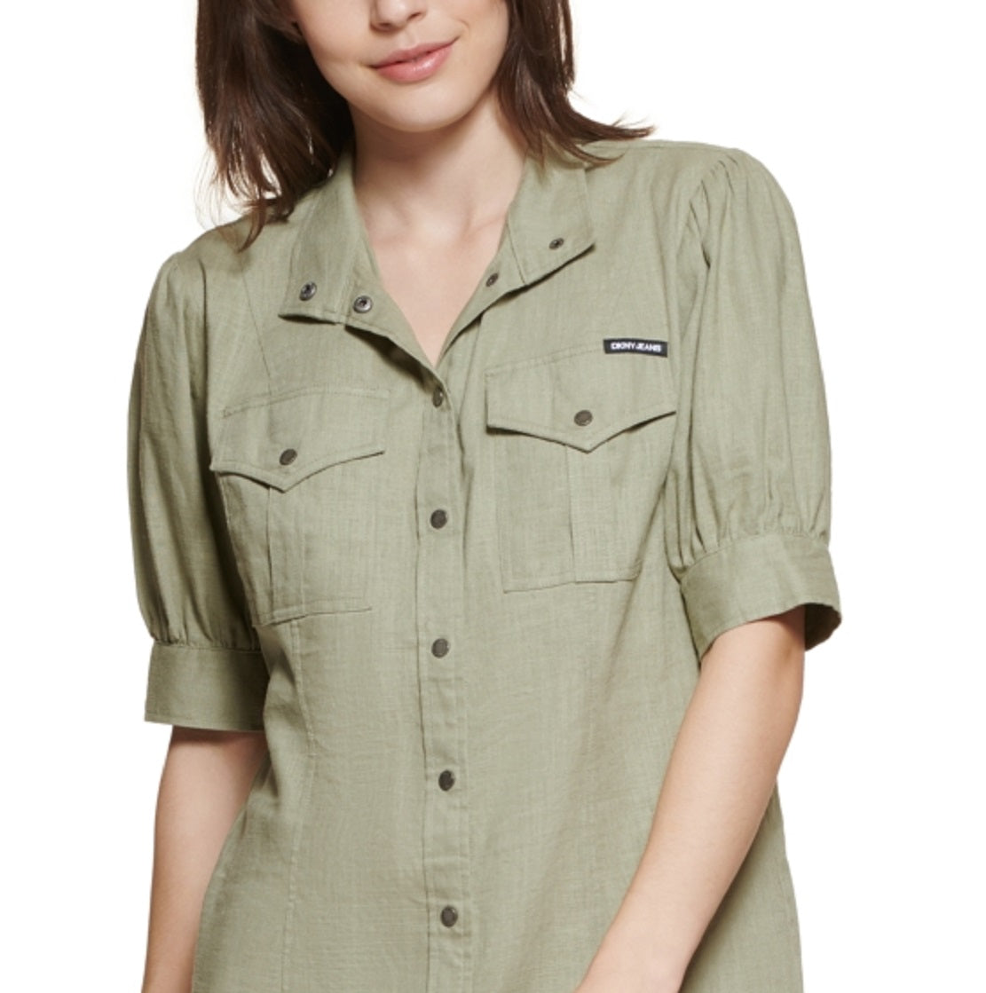 DKNY Women's Puff Sleeve Snap FronT-Shirt Dress Green Size Medium