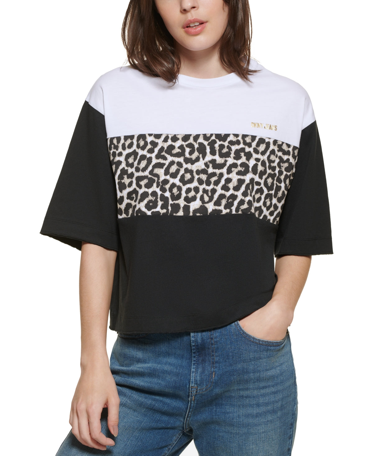 DKNY Women's Cropped Leopard Logo T-Shirt White Size Small
