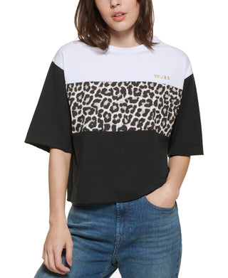 DKNY Women's Cropped Leopard Logo T-Shirt White Size Small