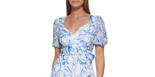 DKNY Women's Balloon Sleeve Faux Wrap Dress White Size 2Petite