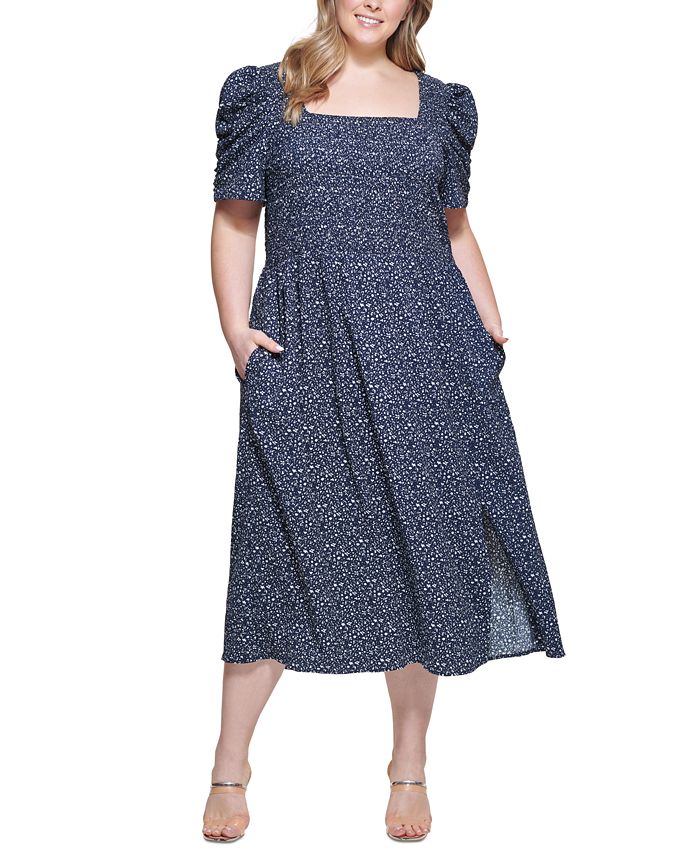 DKNY Women's Short Sleeve Smocked Midi Dress Blue Size 14W