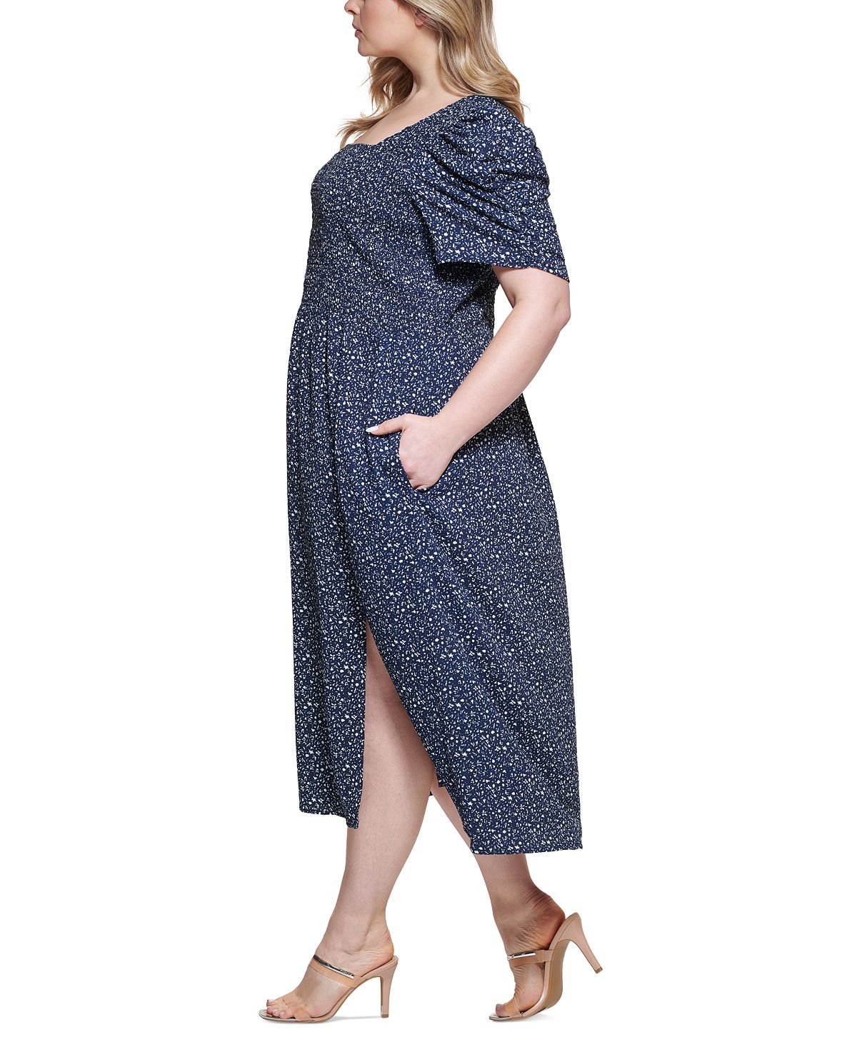 DKNY Women's Short Sleeve Smocked Midi Dress Blue Size 14W