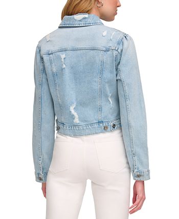 DKNY Women's Puff Sleeve Distressed Denim Jacket Blue Size X-Small