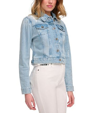 DKNY Women's Puff Sleeve Distressed Denim Jacket Blue Size X-Small