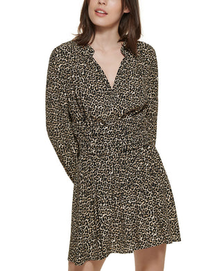 DKNY Women's Leopard Print Split Neck Dress Black Size Medium