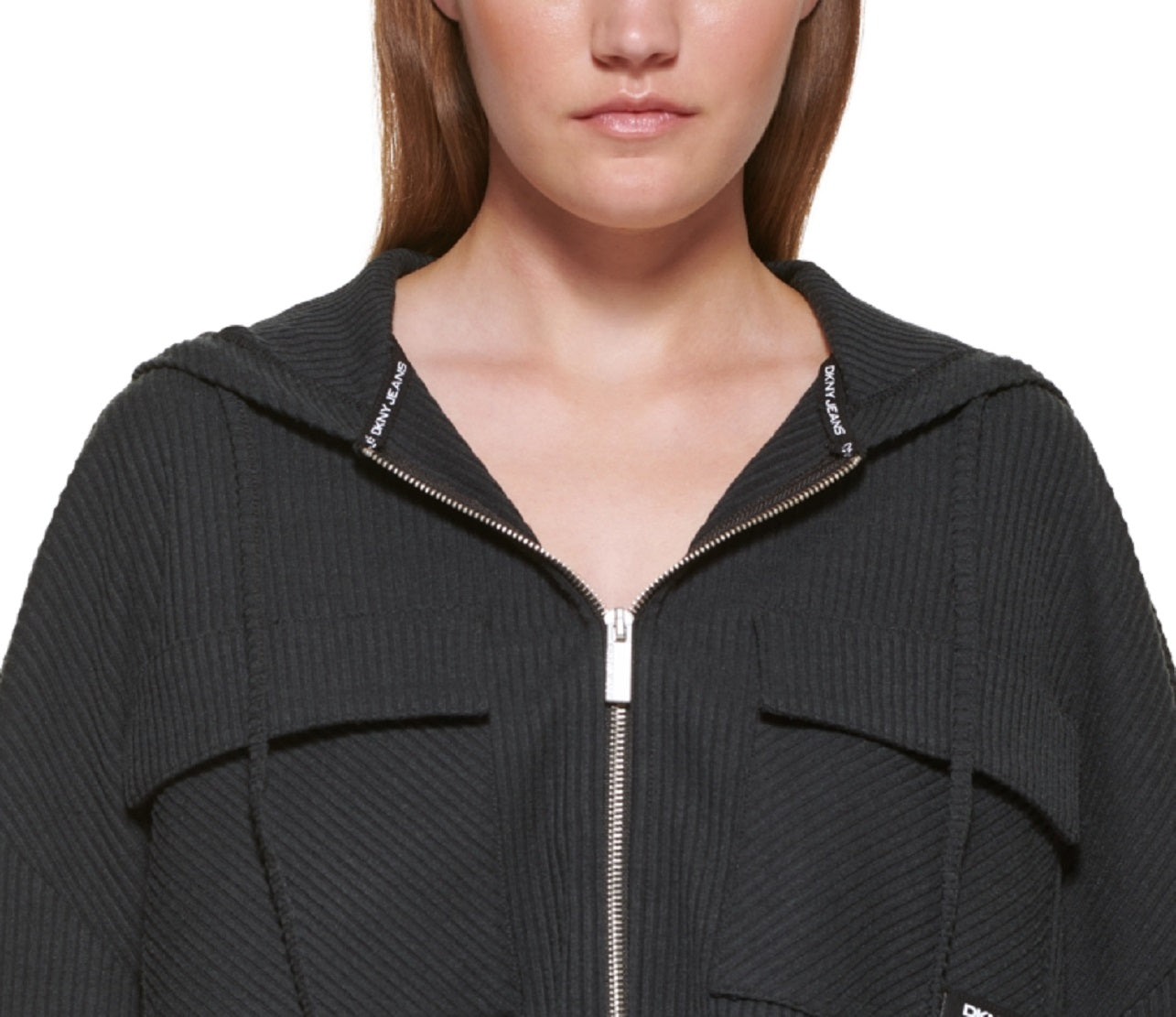 DKNY Women's Cropped Rib Knit Hoodie Black Size Medium