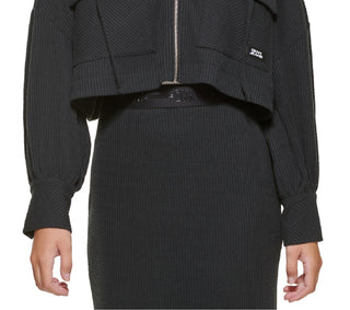 DKNY Women's Cropped Rib Knit Hoodie Black Size Medium
