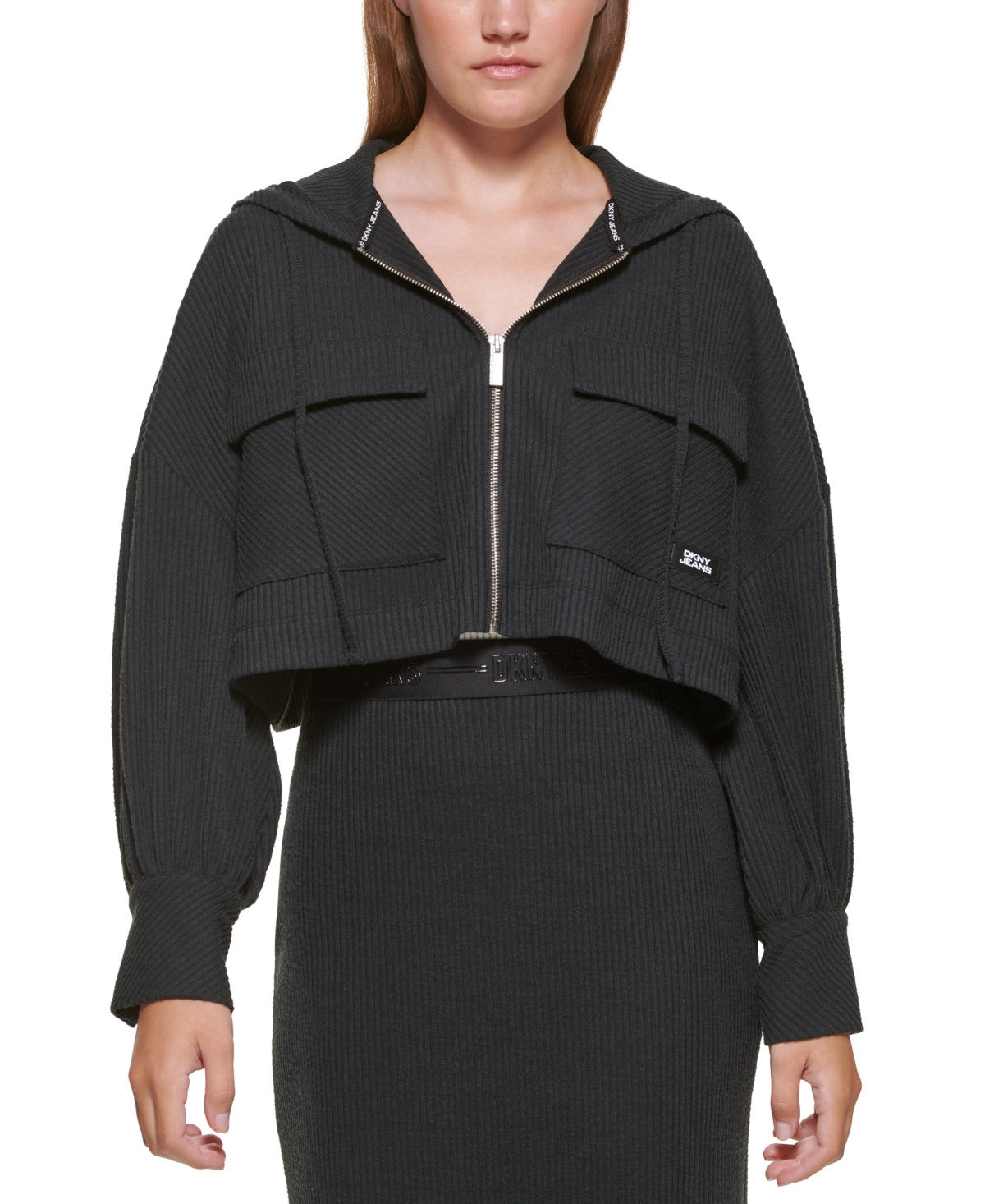 DKNY Women's Cropped Rib Knit Hoodie Black Size Medium