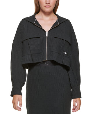 DKNY Women's Cropped Rib Knit Hoodie Black Size Medium