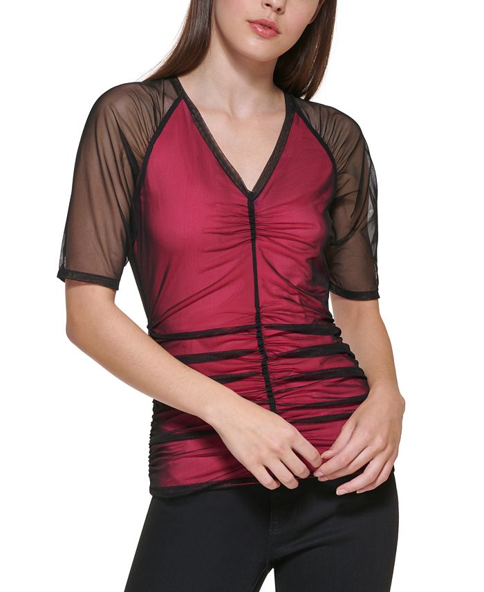 DKNY Women's Ruched V Neck Top Black Size Large