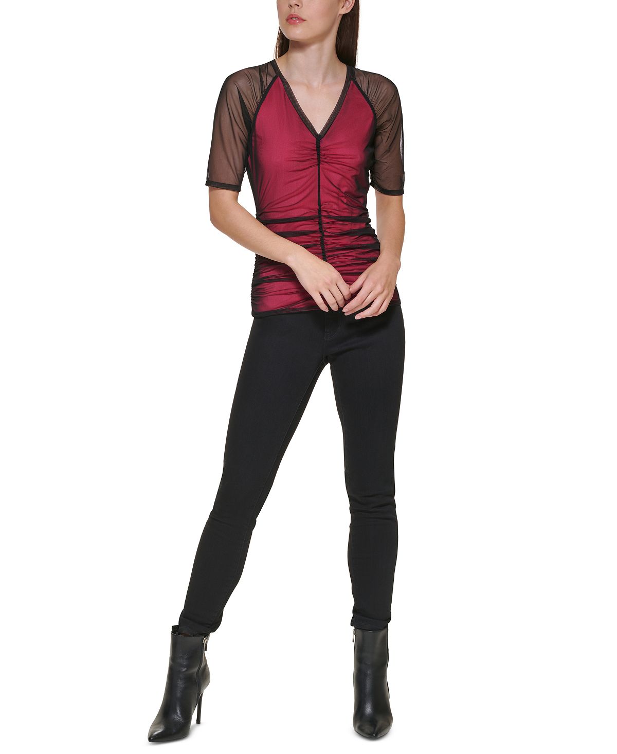 DKNY Women's Ruched V Neck Top Black Size Large