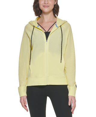 DKNY Women's Sprint Mesh Relaxed Full Zip Hoodie Yellow Size Large