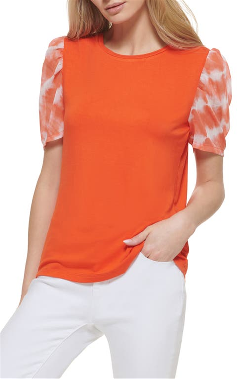 DKNY Women's Mixed Media Print Puff Sleeve Top Orange Size Medium