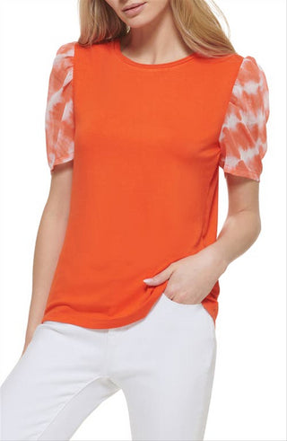DKNY Women's Mixed Media Print Puff Sleeve Top Orange Size Medium