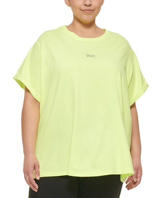 DKNY Women's Sport Plus Knot Front Metallic Logo T-Shirt Yellow Size 1X