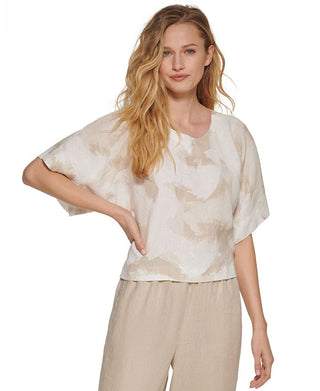 DKNY Women's Printed Linen Drop Shoulder Top Brown Size Large