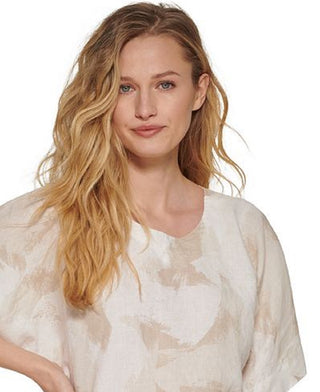DKNY Women's Printed Linen Drop Shoulder Top Brown Size Large