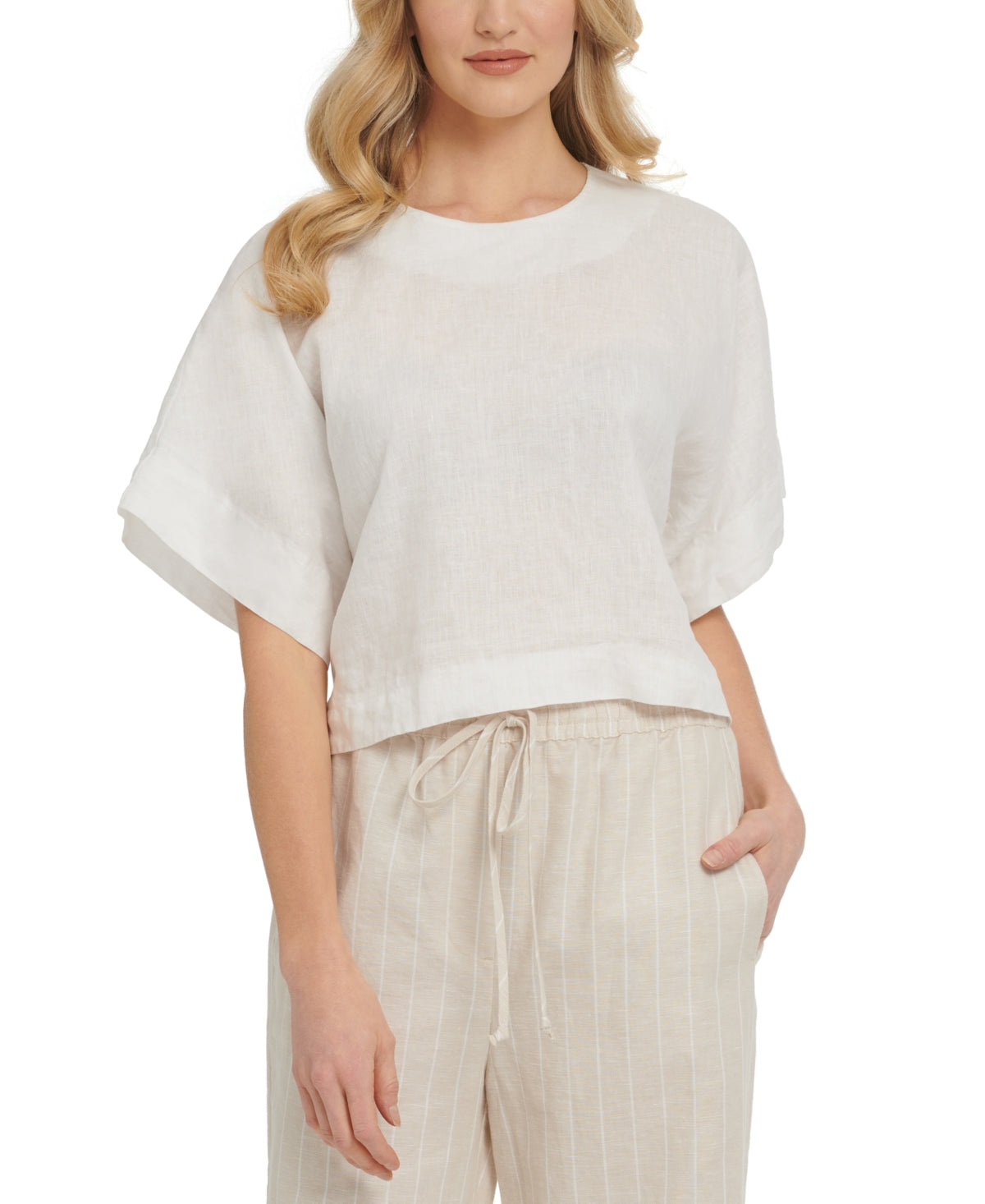DKNY Women's Drop Shoulder Boxy Linen Top White Size Small