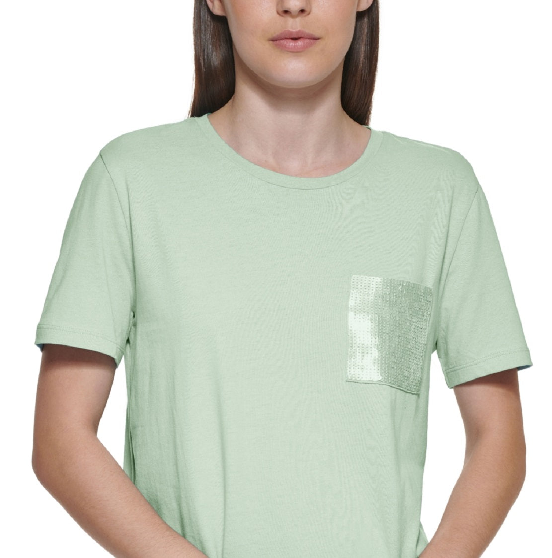 DKNY Women's Sequin Pocket T-Shirt Green Size Large