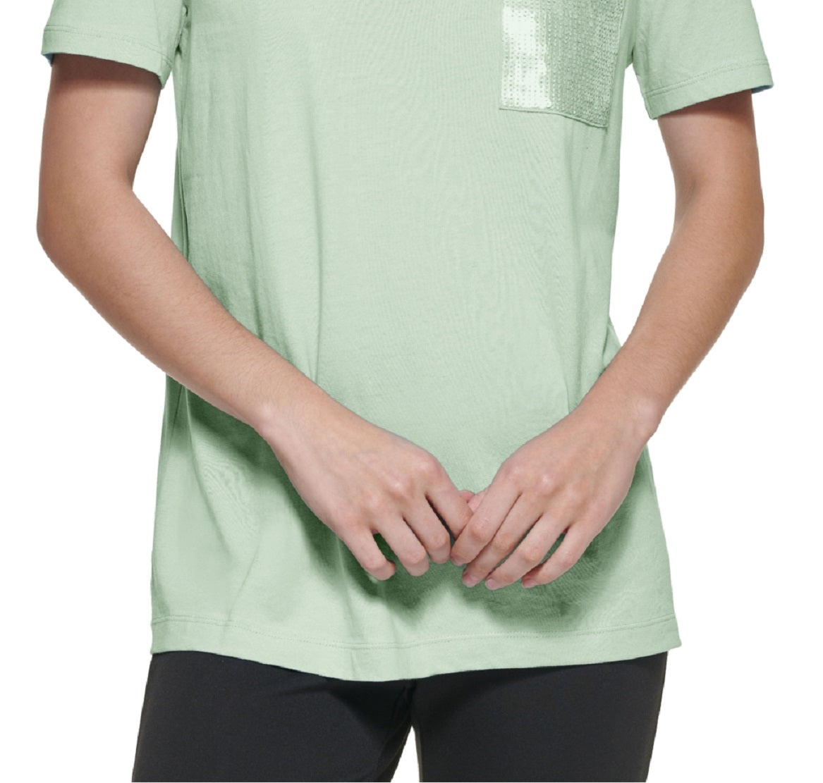 DKNY Women's Sequin Pocket T-Shirt Green Size Large