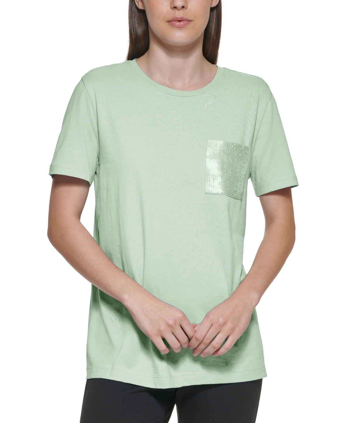 DKNY Women's Sequin Pocket T-Shirt Green Size Large