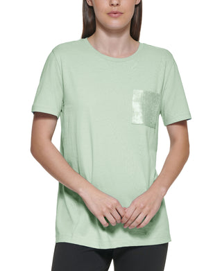 DKNY Women's Sequin Pocket T-Shirt Green Size Large