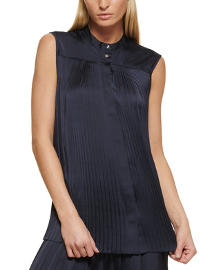 DKNY Women's Pleated Sleeveless Top Blue Size Large