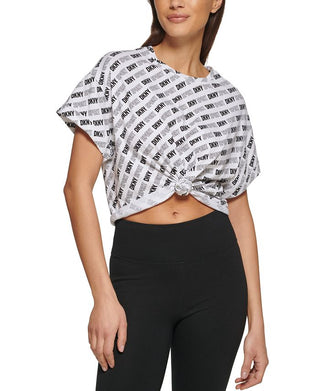 DKNY Women's Outline Logo Print Cropped Boxy T-Shirt White Size Small