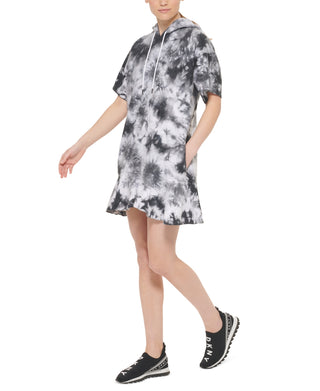 DKNY Women's Tie Dyed Short Sleeve Flounce Dress Black Size X-Large