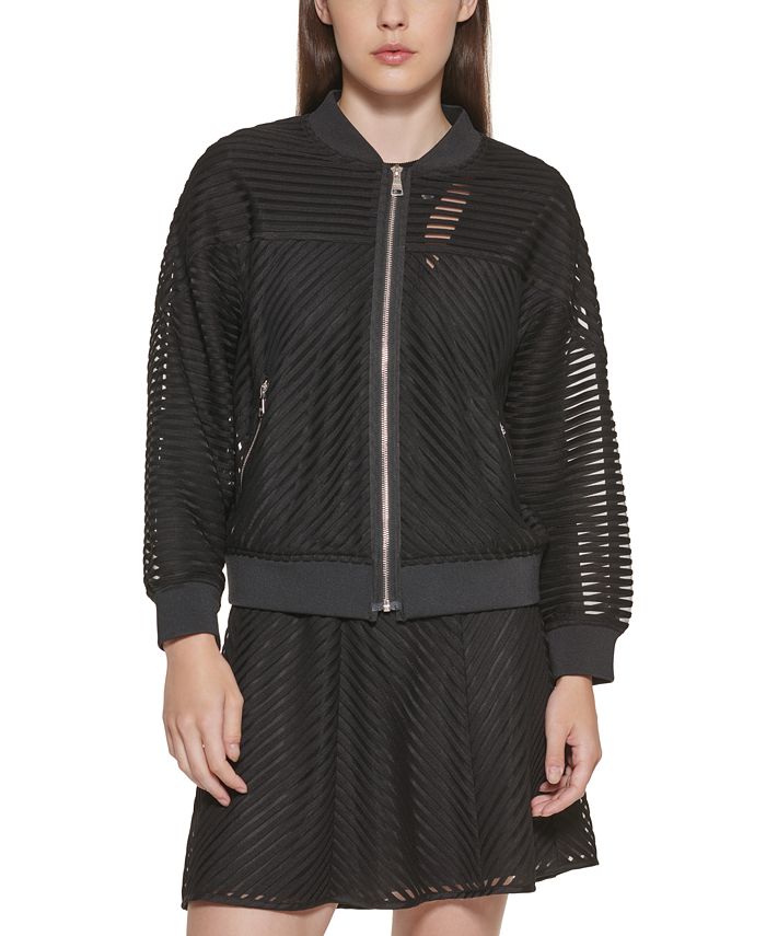 DKNY Women's Striped Mesh Bomber Jacket Black Size X-Large