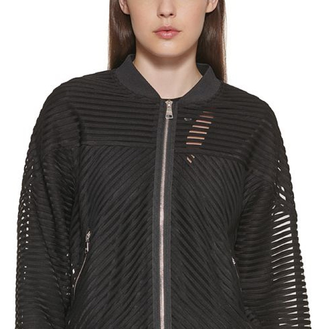 DKNY Women's Striped Mesh Bomber Jacket Black Size X-Large