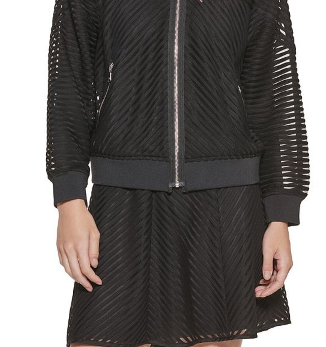 DKNY Women's Striped Mesh Bomber Jacket Black Size X-Large