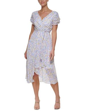 DKNY Women's Flutter Sleeve Faux Wrap Midi Dress White Size 14