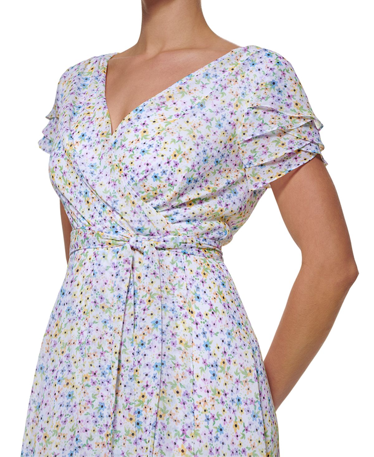 DKNY Women's Flutter Sleeve Faux Wrap Midi Dress White Size 14