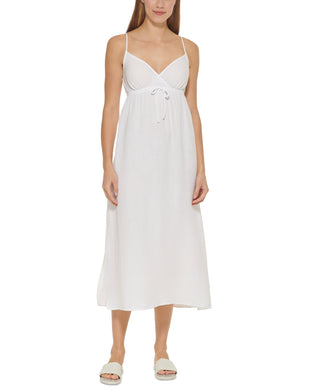 DKNY Women's V Neck Front Tie Maxi Dress Cover Up Swimsuit White Size X-Large