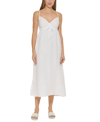 DKNY Women's V Neck Front Tie Maxi Dress Cover Up Swimsuit White Size Small