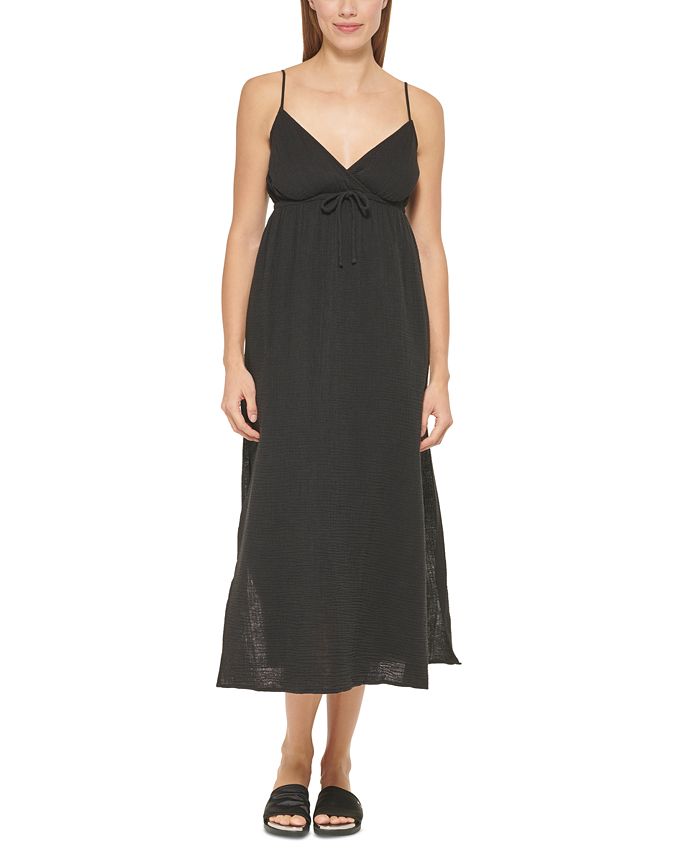 DKNY Women's V Neck Front Tie Maxi Dress Cover Up Swimsuit Black Size X-Large
